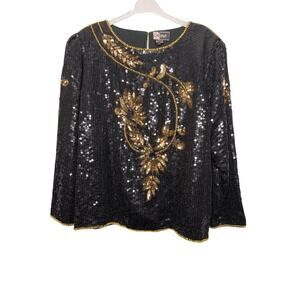 Vintage Sequin Silk Black With Sheer Sleeve Sweatheart Neckline Size Extra Large